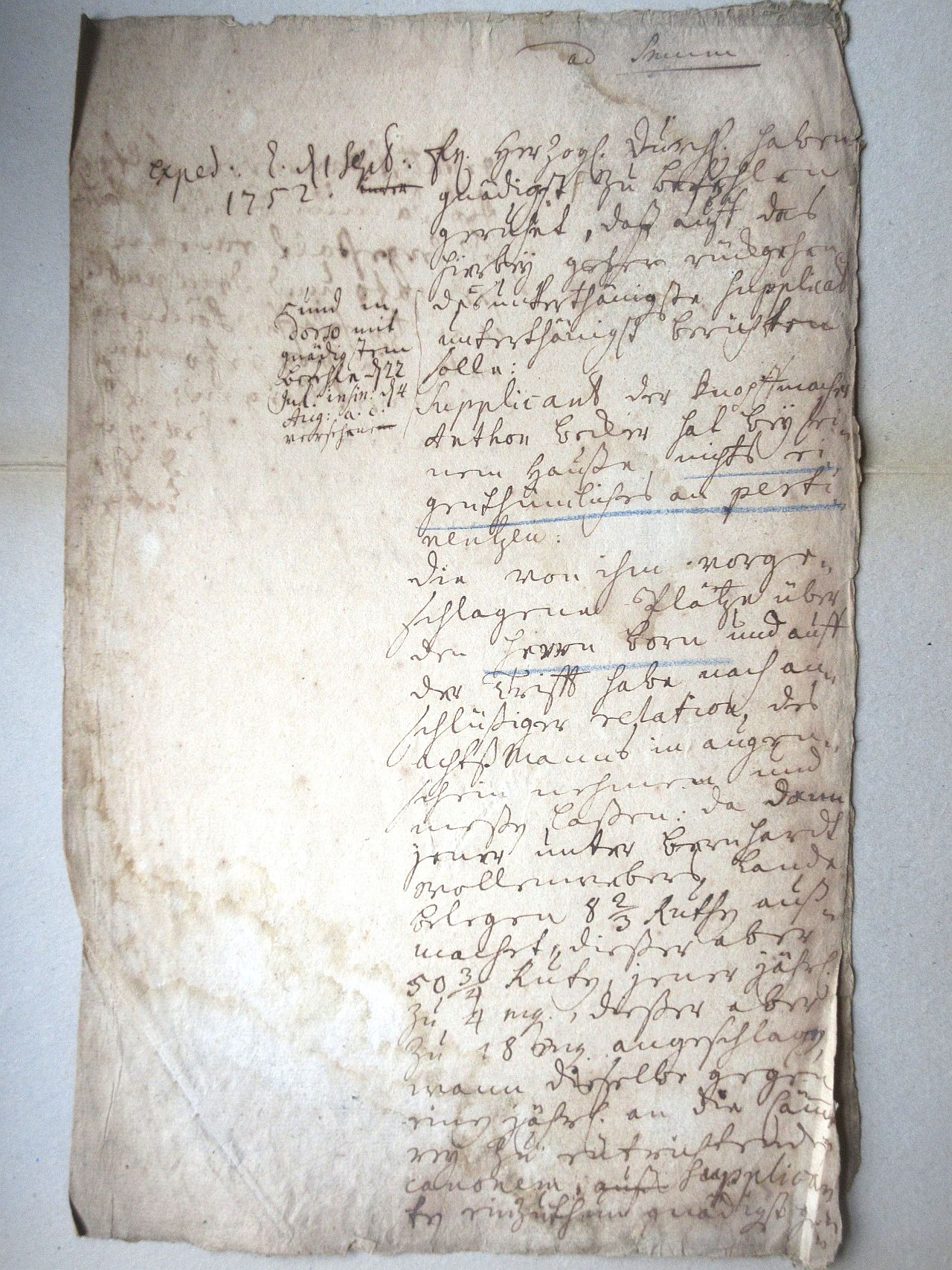 Erste Seite der Urkunde von 1752