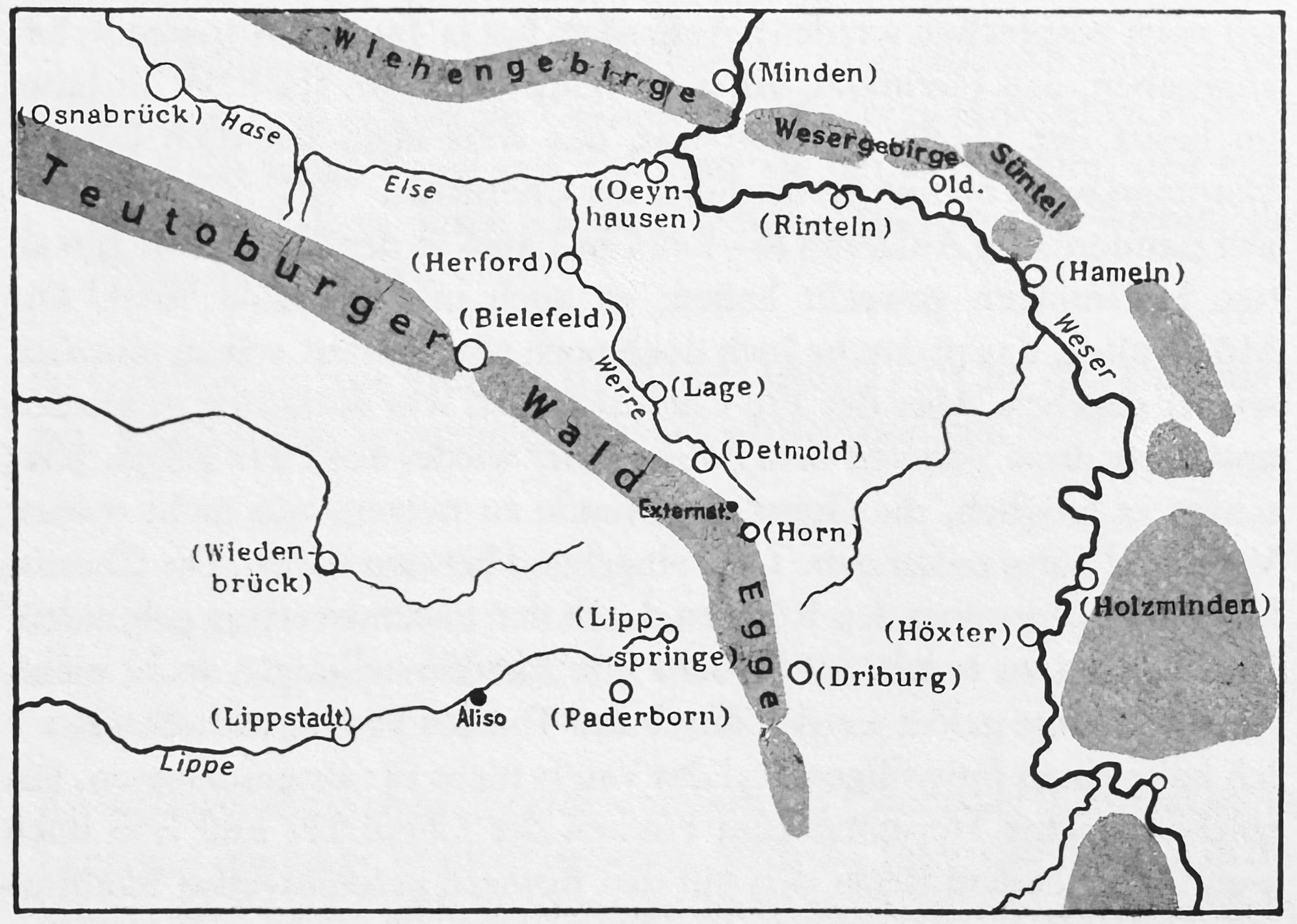 Karte von Ostwestfalen und dem Weserbergland.