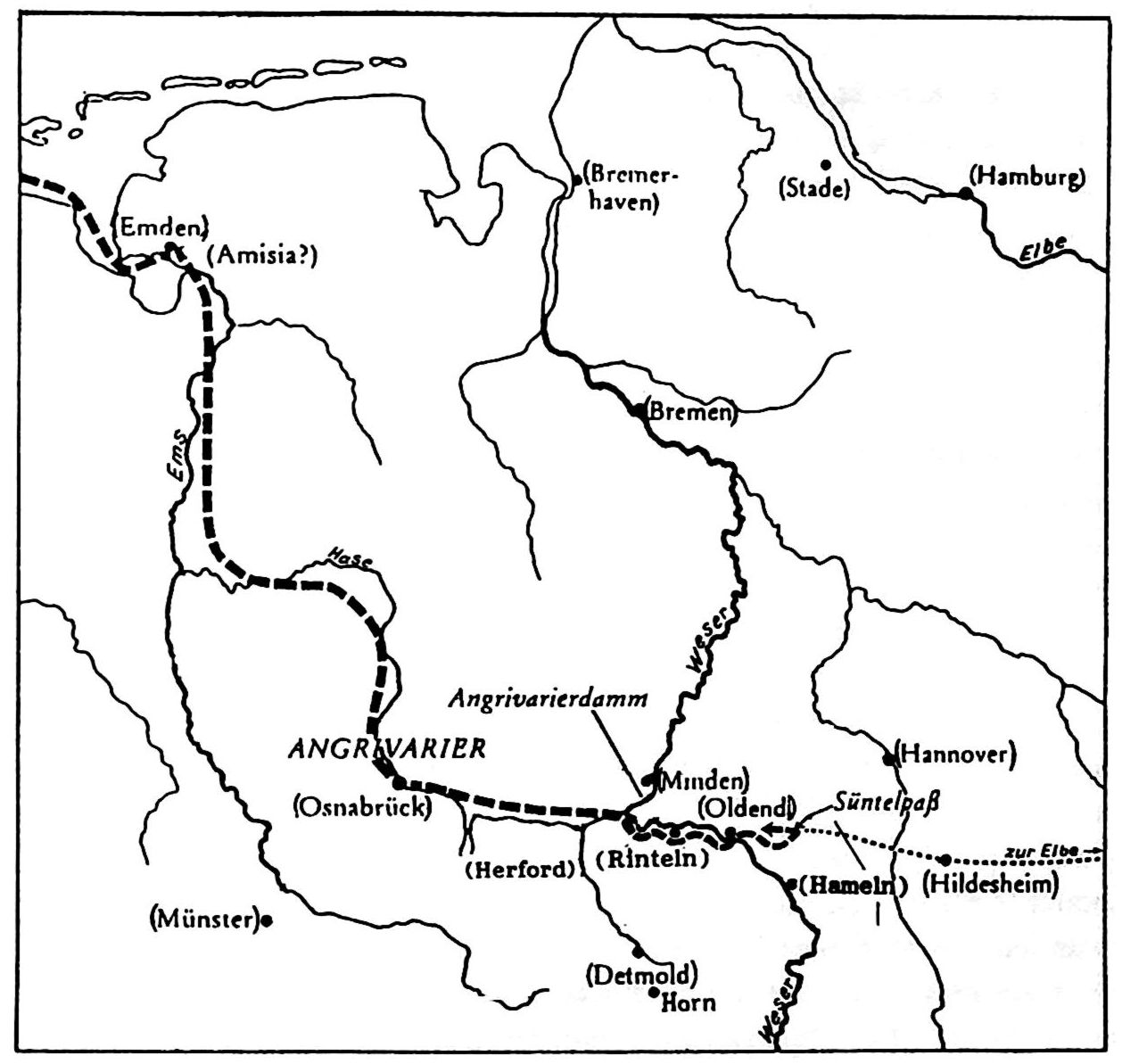 Karte der Gebiete zwischen Ems und Elbe mit dem römischen Feldzug von 16 nach Christus.