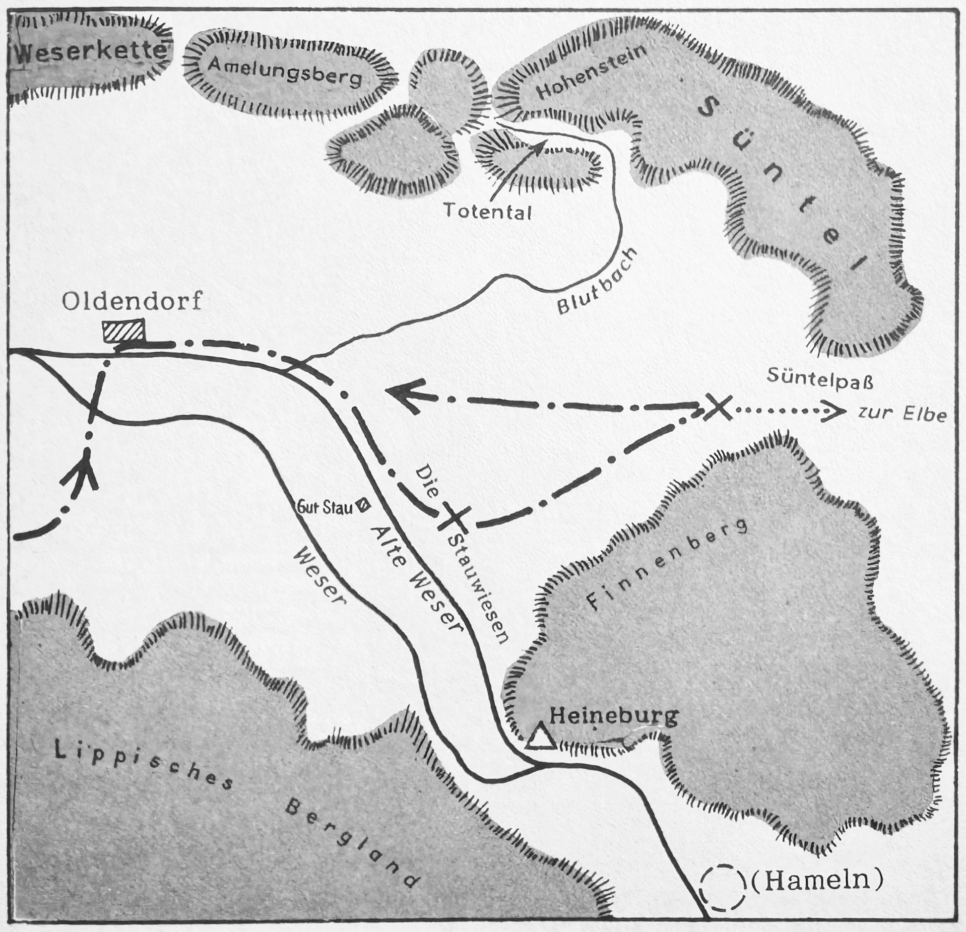 Geländekarte mit Weser zwischen Lippischem Bergland und Süntel und dem römischen Feldzug.