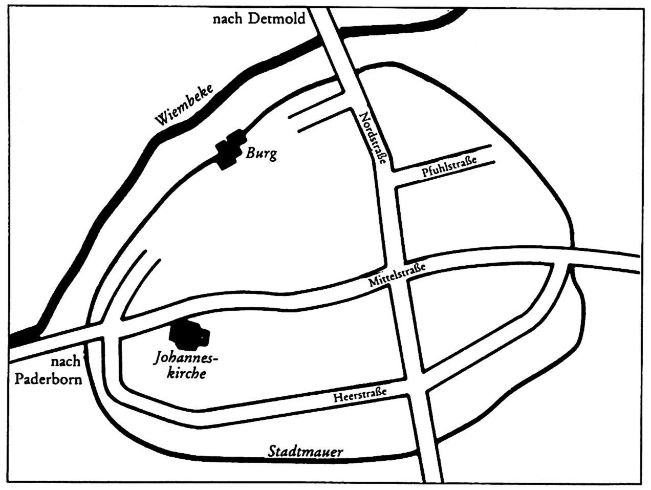 Schematische Karte mit den Straßen der Altstadt von Horn.
