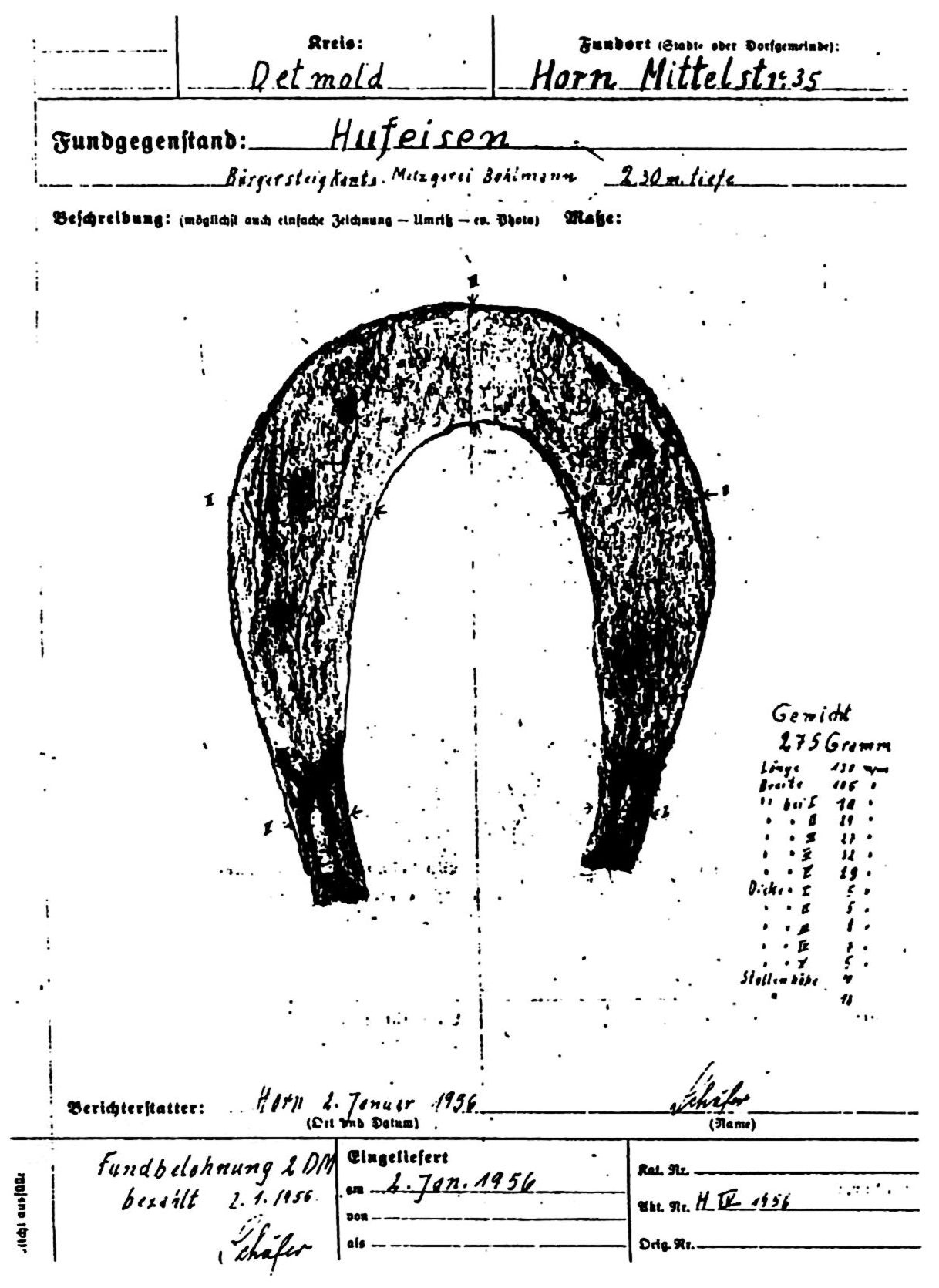 Funddokumentation von Fritz Schäfer aus dem Jahr 1956, erste Seite.