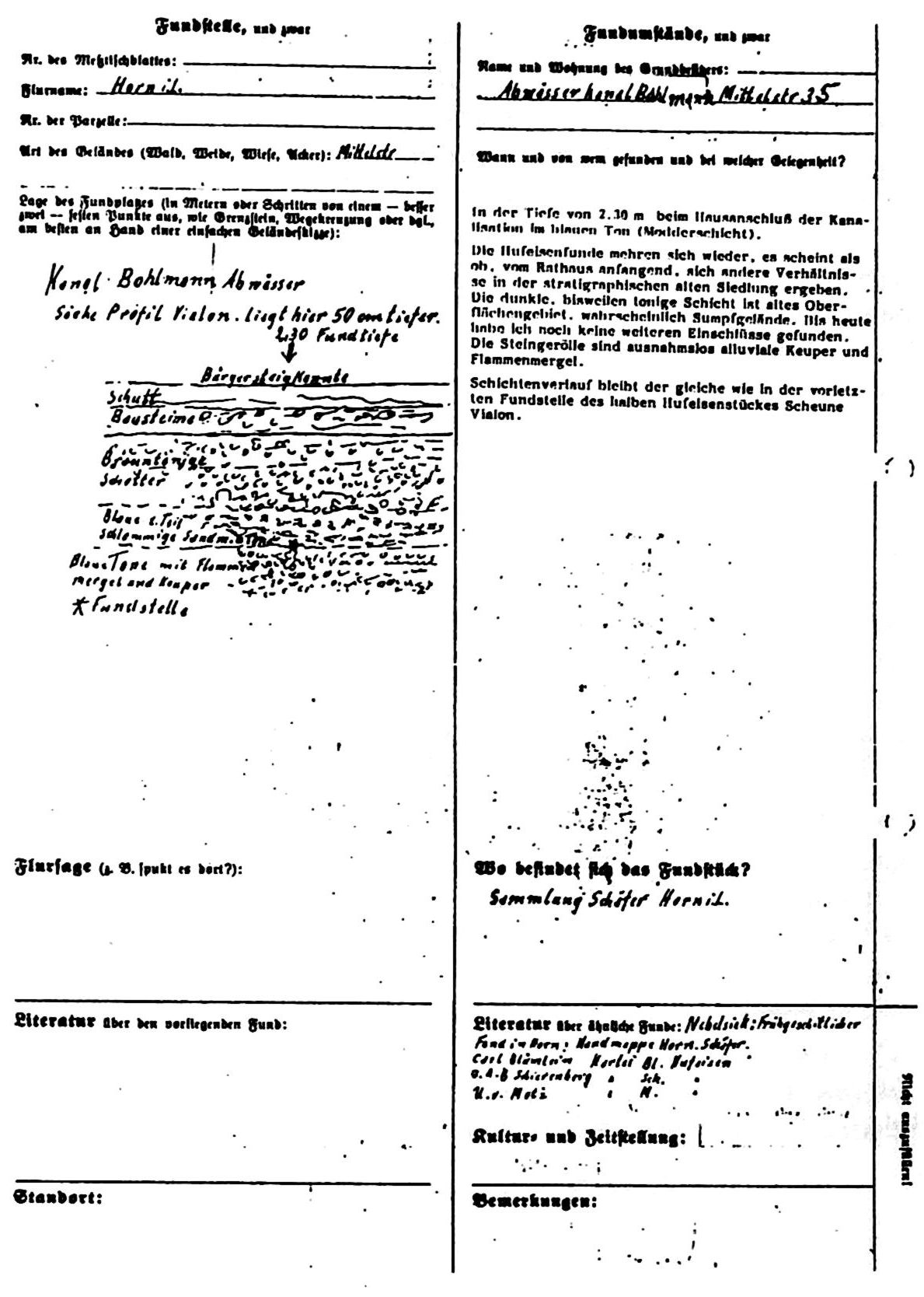 Funddokumentation von Fritz Schäfer aus dem Jahr 1956, zweite Seite.