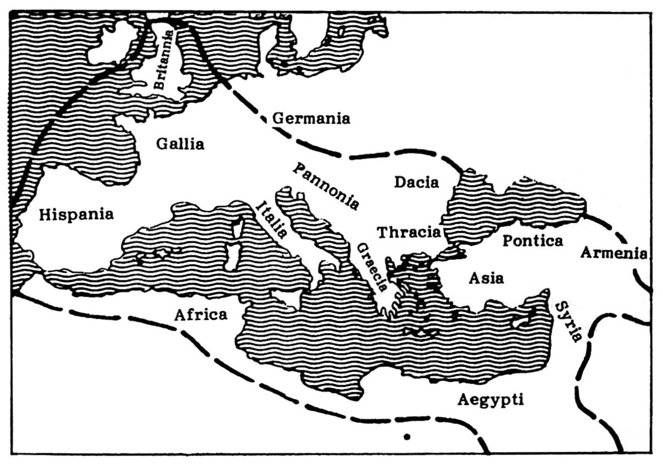 Europakarte mit den Grenzen des römischen Reichs.