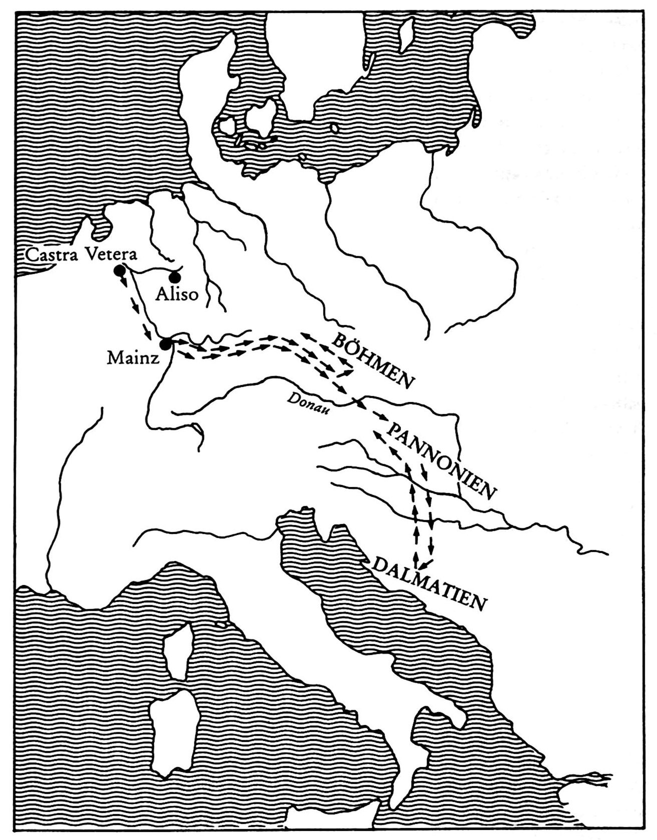 Karte Mitteleuropas mit den Feldzügen des Tiberius.