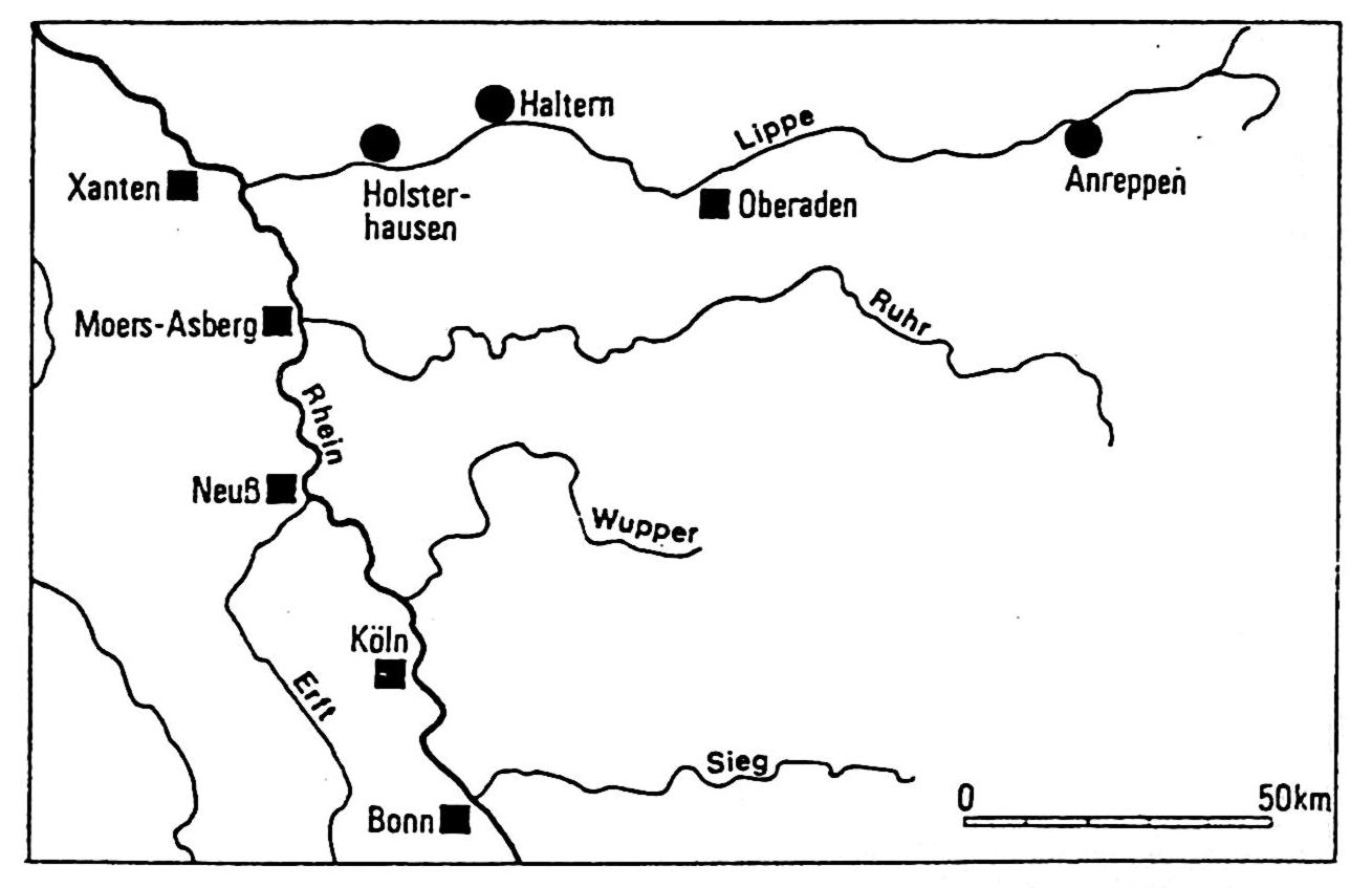 Karte der rechtsrheinischen Flüsse mit römischen Militärlagern.